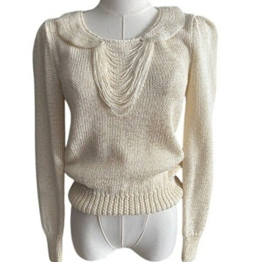 VTG Nannell Hand Knit Beaded Pearl Ivory Sweater Puff Sleeve 80s S